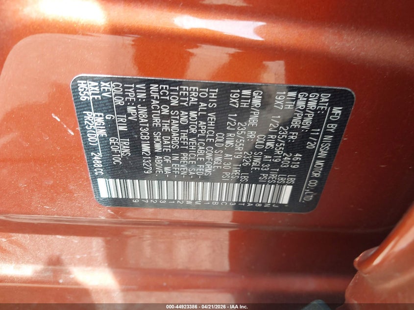 2021 Nissan Rogue VIN JN8AT3CB1MW213279 IAAI salvage auction — FRONT END, Salvage (Alabama), sold $3,450 on 2026-07-15 (photo 9)