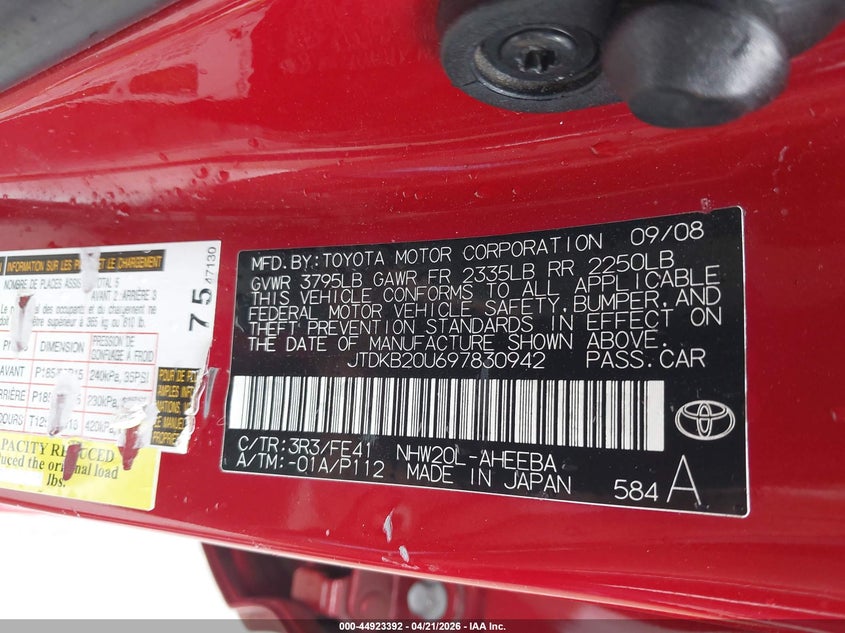2009 Toyota Prius VIN JTDKB20U697830942 IAAI salvage auction — NORMAL WEAR, Original (Texas), sold $725 on 2026-07-06 (photo 9)