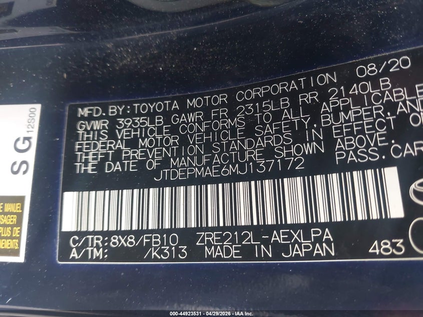 2021 Toyota Corolla VIN JTDEPMAE6MJ137172 IAAI salvage auction — FRONT END, Salvage - 75% Or Less (Maryland), sold $3,850 on 2026-07-24 (photo 9)