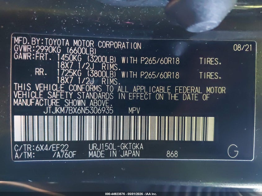 2022 Lexus Gx VIN JTJKM7BX6N5306935 IAAI salvage auction — FRONT END, Mv-907A (New York), sold $15,800 on 2026-07-11 (photo 9)