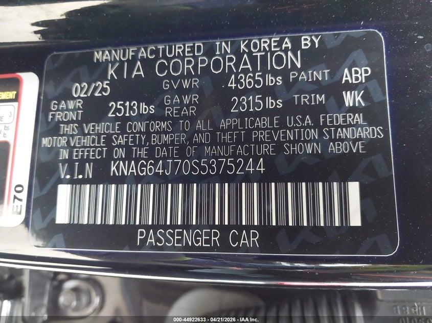 2025 Kia K5 VIN KNAG64J70S5375244 IAAI salvage auction — RIGHT FRONT, Wait Title, sold $8,925 on 2026-07-08 (photo 9)