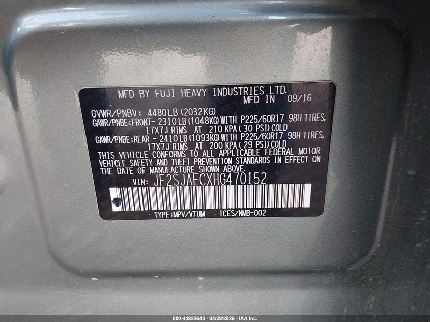 2017 Subaru Forester VIN JF2SJAECXHG470152 IAAI salvage auction — REAR END, Salvage (New Mexico), sold $2,800 on 2026-07-13 (photo 9)