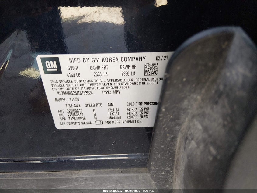 2021 Chevrolet Trailblazer VIN KL79MMS25MB152624 IAAI salvage auction — FRONT END, Salvage Title, sold $2,950 on 2026-07-30 (photo 9)