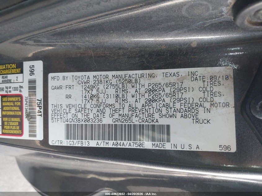 2011 Toyota Tacoma VIN 5TFTU4GN3BX003236 IAAI salvage auction — FRONT END, Salvage (California), sold $3,800 on 2026-07-29 (photo 9)