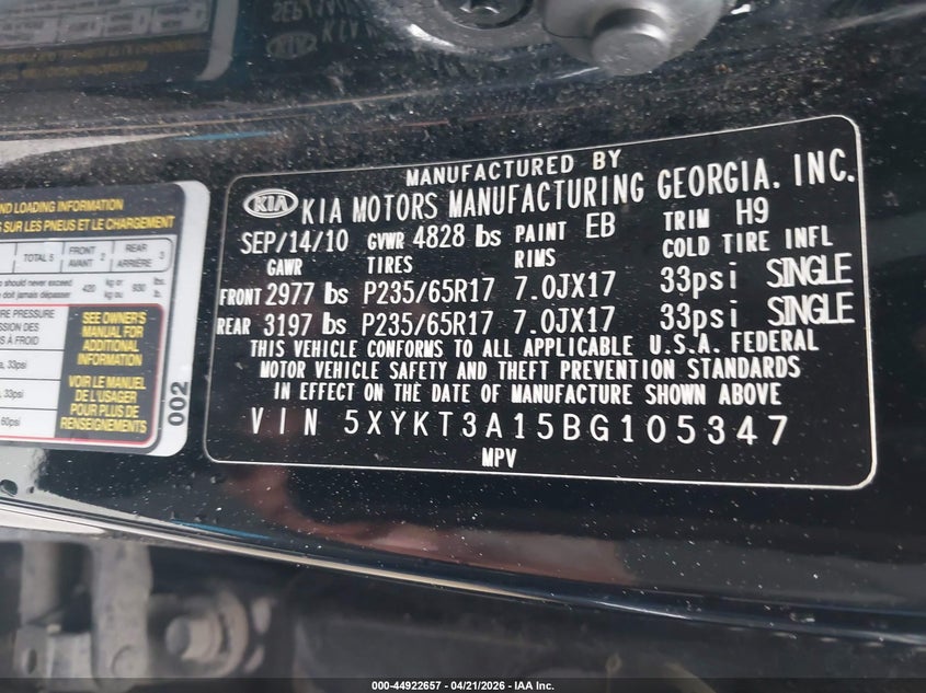2011 Kia Sorento VIN 5XYKT3A15BG105347 IAAI salvage auction — NORMAL WEAR, Original (Texas), sold $750 on 2026-07-20 (photo 9)