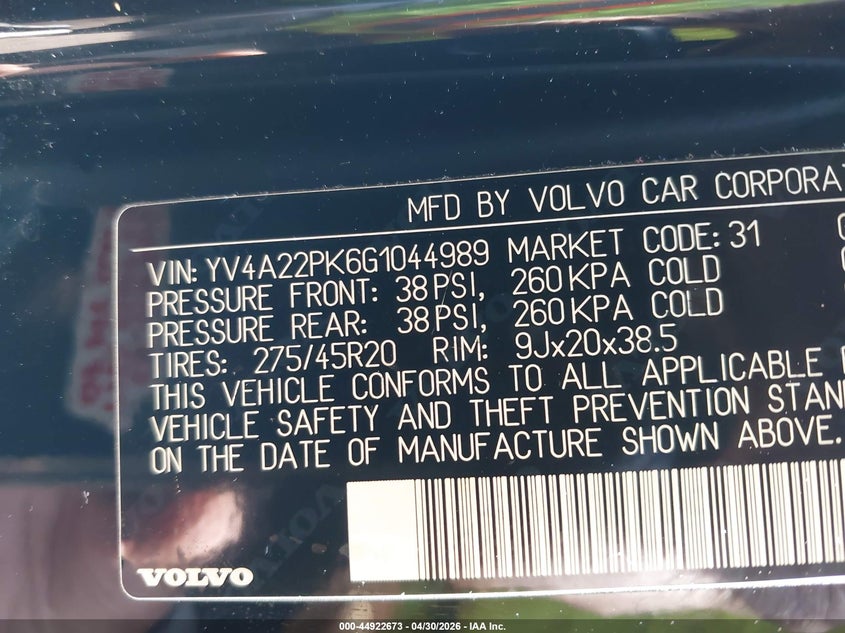 2016 Volvo Xc90 VIN YV4A22PK6G1044989 IAAI salvage auction — UNKNOWN, Salvage (Virginia), sold $2,250 on 2026-07-20 (photo 9)