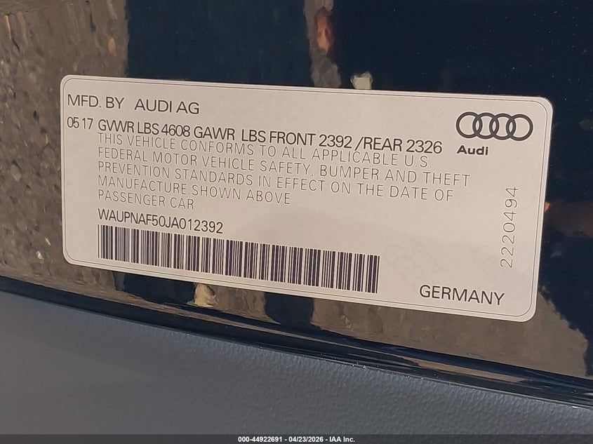 2018 Audi A5 VIN WAUPNAF50JA012392 IAAI salvage auction — FRONT END, Salvage (Idaho), sold $4,000 on 2026-07-13 (photo 9)