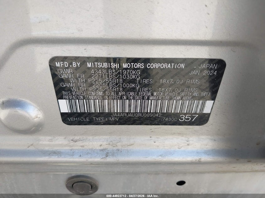 2024 Mitsubishi Outlander VIN JA4ARUAU0RU009042 IAAI salvage auction — FRONT END, Salvage (Idaho), sold $225 on 2026-07-22 (photo 9)