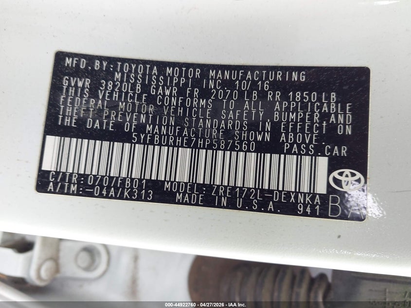 2017 Toyota Corolla VIN 5YFBURHE7HP587560 IAAI salvage auction — FRONT END, Salvage Title, sold $1,800 on 2026-07-22 (photo 9)
