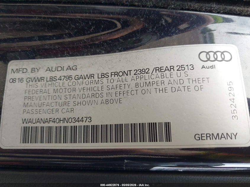 2017 Audi A4 VIN WAUANAF40HN034473 IAAI salvage auction — LEFT FRONT, Salvage (Ohio), sold $3,000 on 2026-07-26 (photo 9)