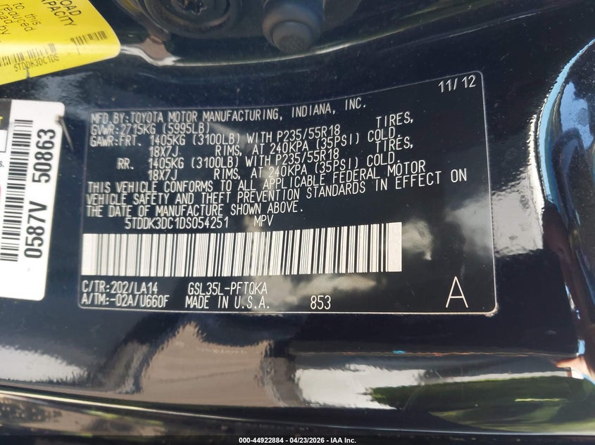 2013 Toyota Sienna VIN 5TDDK3DC1DS054251 IAAI salvage auction — UNKNOWN, Salvage Title, sold $2,150 on 2026-07-14 (photo 9)
