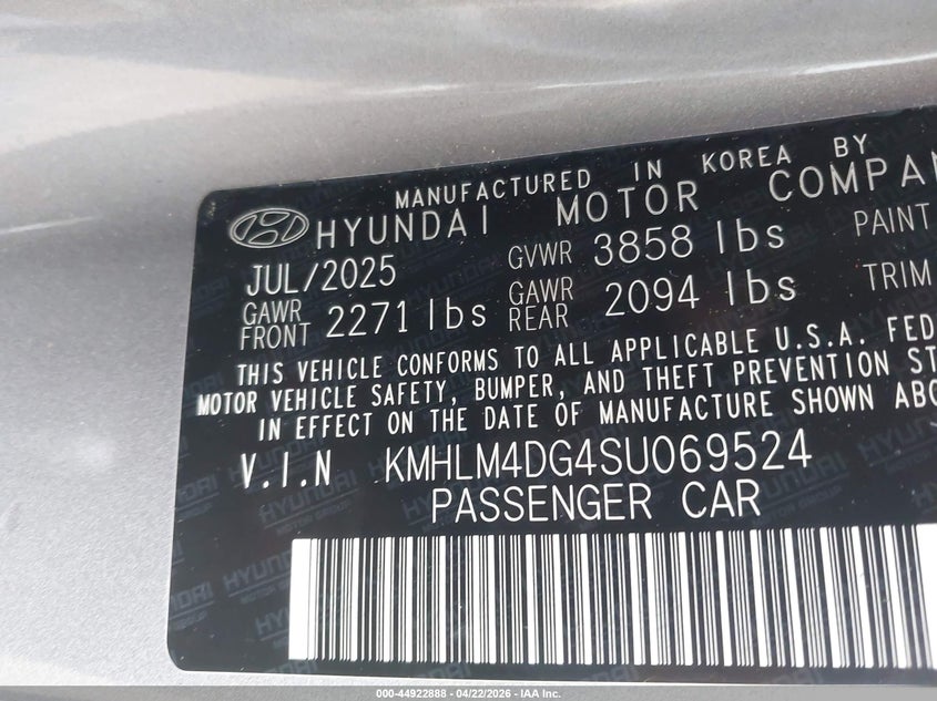 2025 Hyundai Elantra VIN KMHLM4DG4SU069524 IAAI salvage auction — REAR END, Original (Texas), sold $8,650 on 2026-07-09 (photo 9)