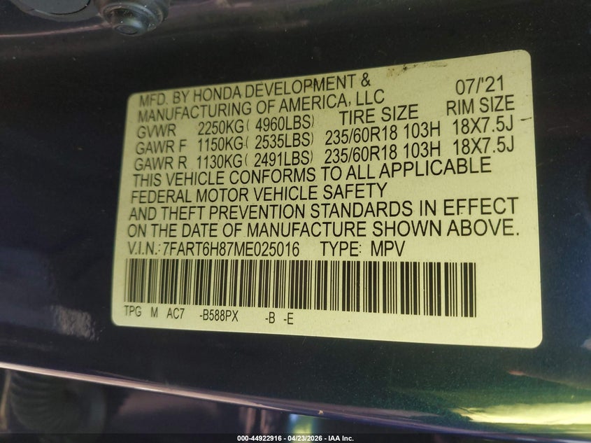 2021 Honda Cr-v VIN 7FART6H87ME025016 IAAI salvage auction — EXTERIOR BURN, Salvage (Idaho), sold $4,300 on 2026-07-07 (photo 9)