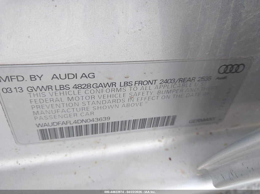 2013 Audi A4 VIN WAUDFAFL4DN043639 IAAI salvage auction — FRONT END, Salvage (Iowa), sold $25 on 2026-07-28 (photo 9)
