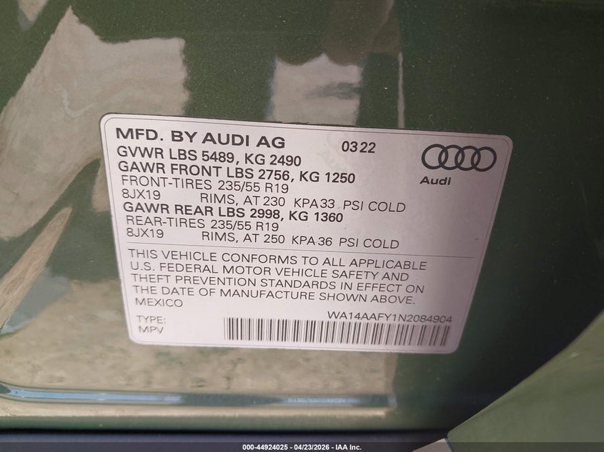 2022 Audi Q5 sportback VIN WA14AAFY1N2084904 IAAI salvage auction — FRONT END, Salvage (Pennsylvania), sold $8,000 on 2026-08-12 (photo 9)