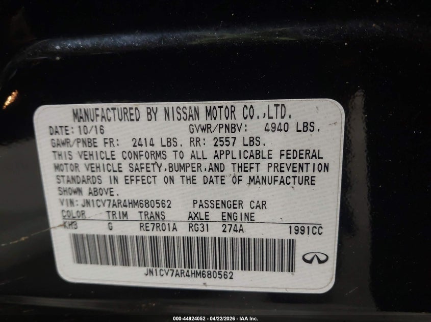 2017 Infiniti Q50 VIN JN1CV7AR4HM680562 IAAI salvage auction — FRONT END, Salvage (New Jersey), sold $750 on 2026-07-15 (photo 9)