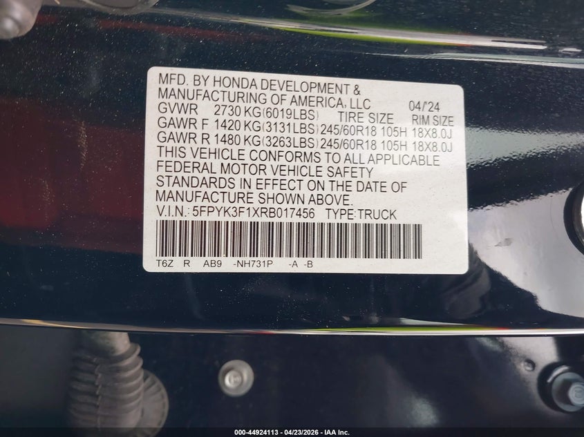 2024 Honda Ridgeline VIN 5FPYK3F1XRB017456 IAAI salvage auction — RIGHT SIDE, Salvage Title, sold $9,300 on 2026-07-23 (photo 9)