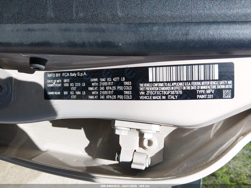 2016 Fiat 500x VIN ZFBCFXCT8GP387976 IAAI salvage auction — LEFT REAR, Clear (Missouri), sold $700 on 2026-07-15 (photo 9)