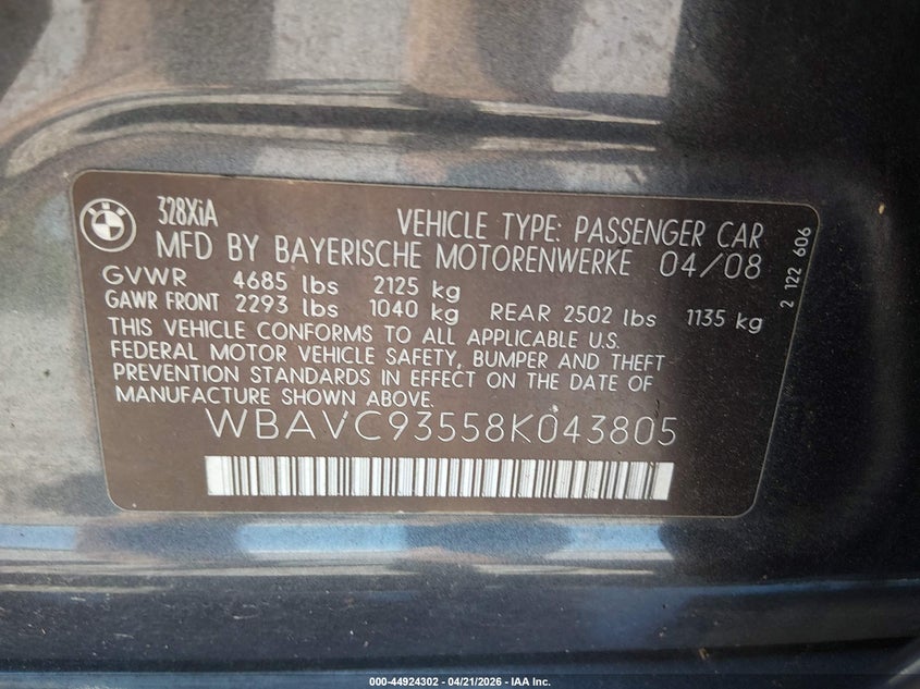 2008 BMW 3 series VIN WBAVC93558K043805 IAAI salvage auction — NORMAL WEAR, Clear (Michigan), sold $450 on 2026-07-20 (photo 9)