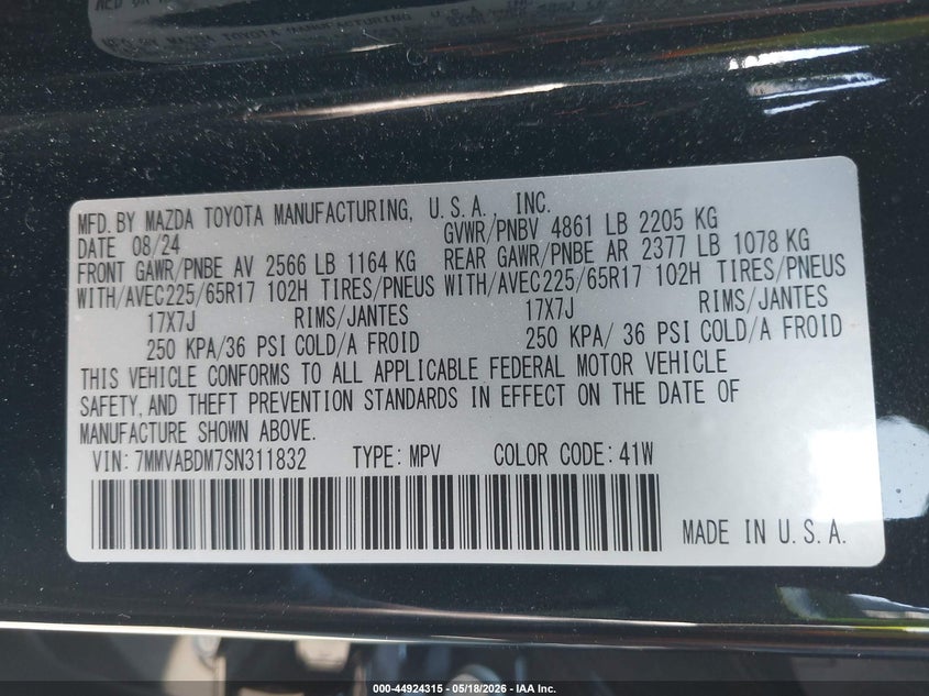 2025 Mazda Cx-50 VIN 7MMVABDM7SN311832 IAAI salvage auction — RIGHT SIDE, Mv-907A (New York), sold $5,650 on 2026-07-07 (photo 9)