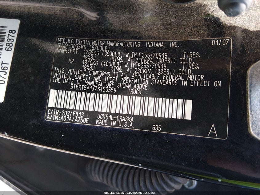 2007 Toyota Tundra VIN 5TBRT541X7S450558 IAAI salvage auction — FRONT END, Salvage (South Carolina), sold $1,050 on 2026-07-21 (photo 9)