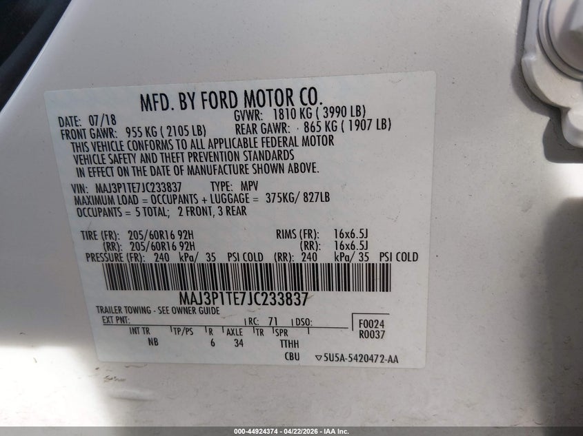 2018 Ford Ecosport VIN MAJ3P1TE7JC233837 IAAI salvage auction — FRONT END, Salvage (Colorado), sold $1,525 on 2026-07-07 (photo 9)