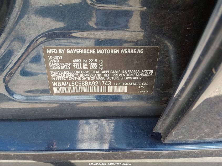 2011 BMW 3 series VIN WBAPL5C58BA921743 IAAI salvage auction — FRONT END, Salvage (Colorado), sold $675 on 2026-07-28 (photo 9)