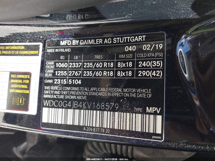 2019 Mercedes-benz Glc VIN WDC0G4JB4KV168579 IAAI salvage auction — FRONT END, Salvage (Georgia), sold $5,300 on 2026-09-05 (photo 9)