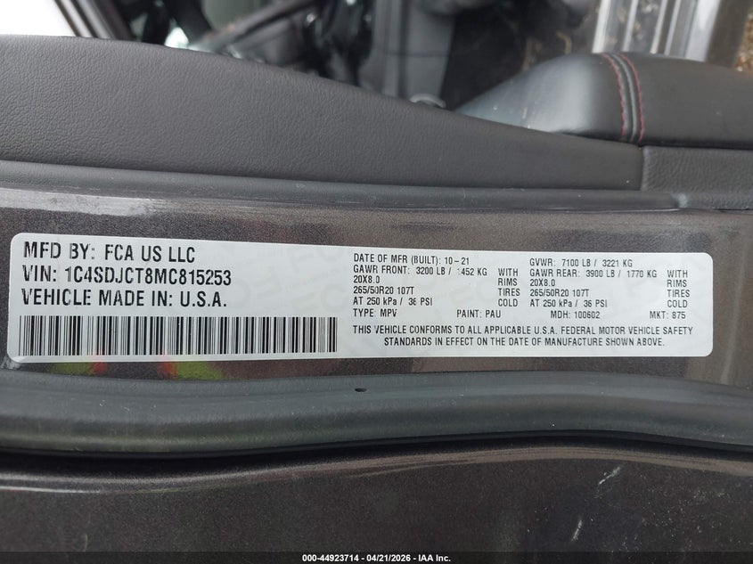 2021 Dodge Durango VIN 1C4SDJCT8MC815253 IAAI salvage auction — RIGHT FRONT, Salvage Title, sold $50 on 2026-07-29 (photo 9)