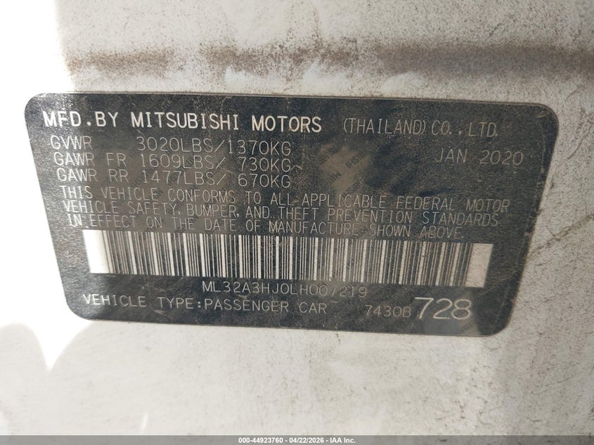 2020 Mitsubishi Mirage VIN ML32A3HJ0LH007219 IAAI salvage auction — FRONT END, Salvage (Texas), sold $550 on 2026-07-14 (photo 9)