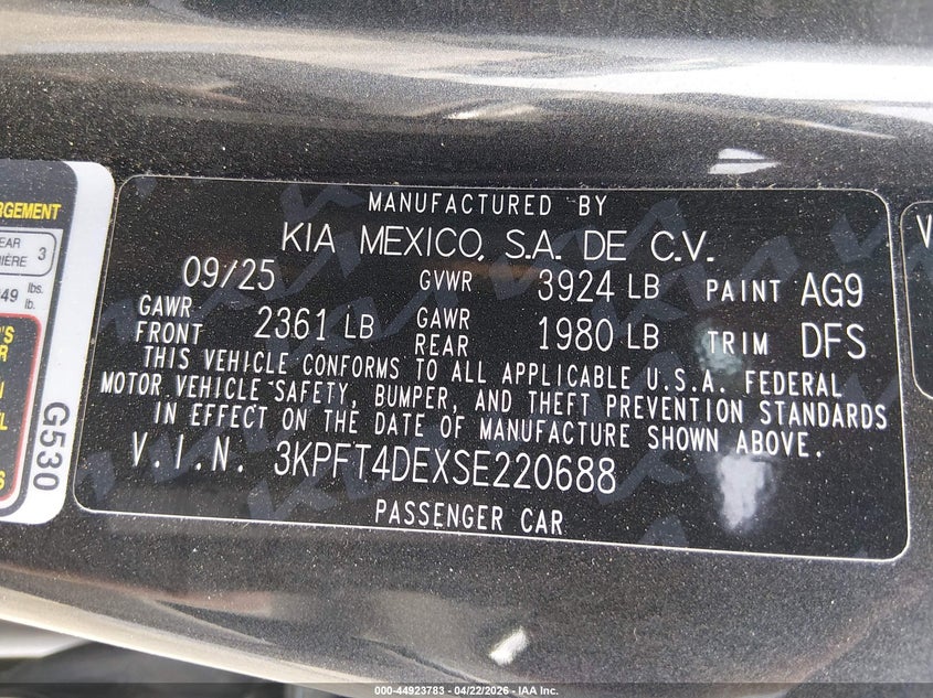 2025 Kia K4 VIN 3KPFT4DEXSE220688 IAAI salvage auction — FRONT END, Salvage Title, sold $2,550 on 2026-07-10 (photo 9)