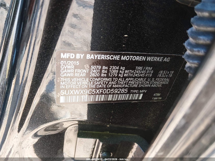 2015 BMW X3 VIN 5UXWX9C5XF0D59285 IAAI salvage auction — ROLLOVER, Salvage (South Carolina), sold $25 on 2026-07-27 (photo 9)
