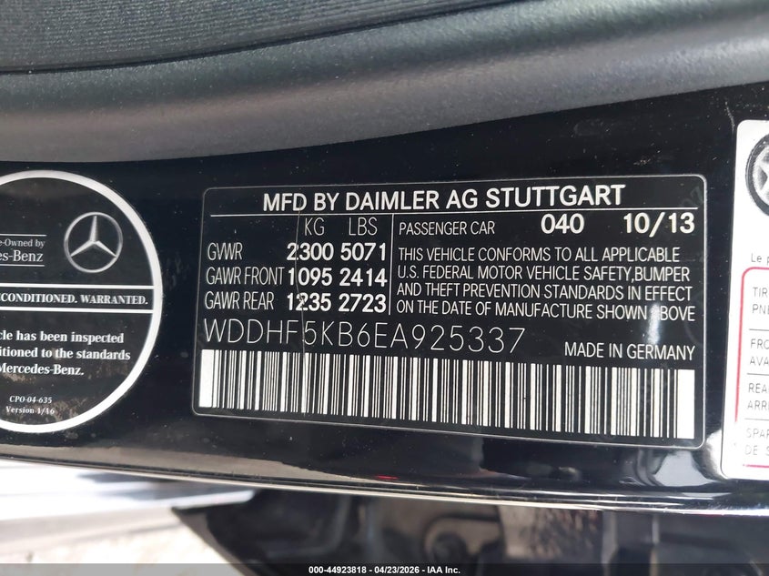 2014 Mercedes-benz E-klasse VIN WDDHF5KB6EA925337 IAAI salvage auction — LEFT REAR, Salvage Title, sold $3,175 on 2026-07-13 (photo 9)