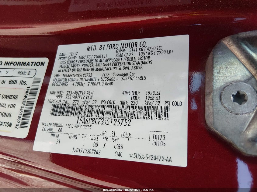 2018 Ford Mustang VIN 1FA6P8CF3J5125752 IAAI salvage auction — FRONT END, Salvage (South Carolina), sold $5,300 on 2026-07-09 (photo 9)