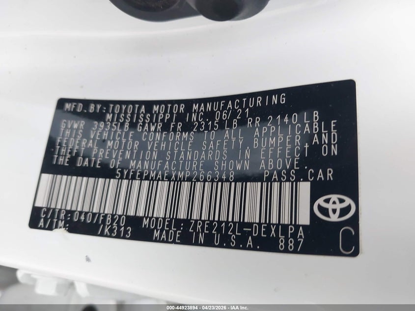 2021 Toyota Corolla VIN 5YFEPMAEXMP266348 IAAI salvage auction — FRONT END, Original (Texas), sold $4,500 on 2026-07-14 (photo 9)