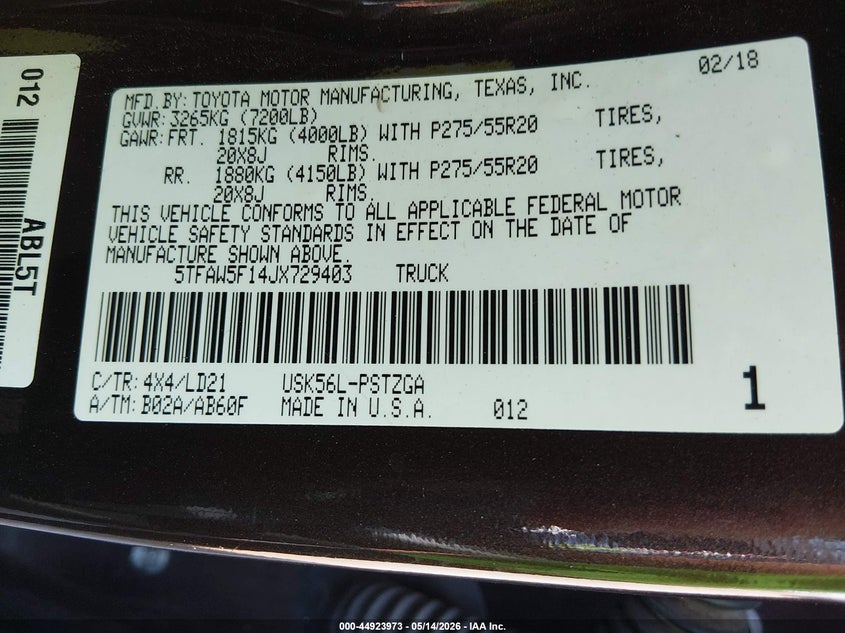 2018 Toyota Tundra VIN 5TFAW5F14JX729403 IAAI salvage auction — RIGHT FRONT, Original (Texas), sold $8,200 on 2026-07-11 (photo 9)