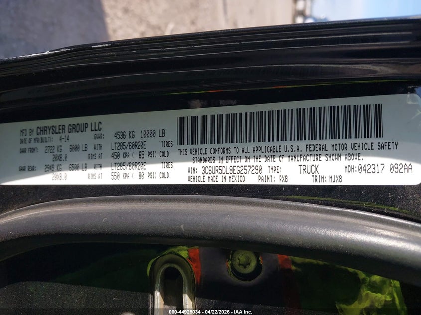 2014 Ram 2500 VIN 3C6UR5DL9EG257290 IAAI salvage auction — FRONT END, Clear (Indiana), sold $7,600 on 2026-07-11 (photo 9)