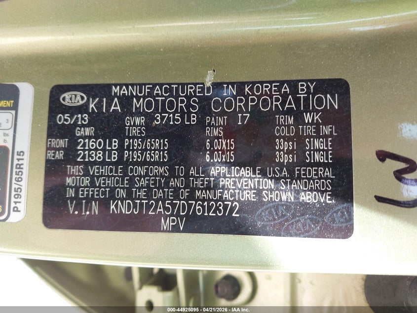 2013 Kia Soul VIN KNDJT2A57D7612372 IAAI salvage auction — REAR END, Salvage - Dealer Only (Ohio), sold $875 on 2026-07-16 (photo 9)