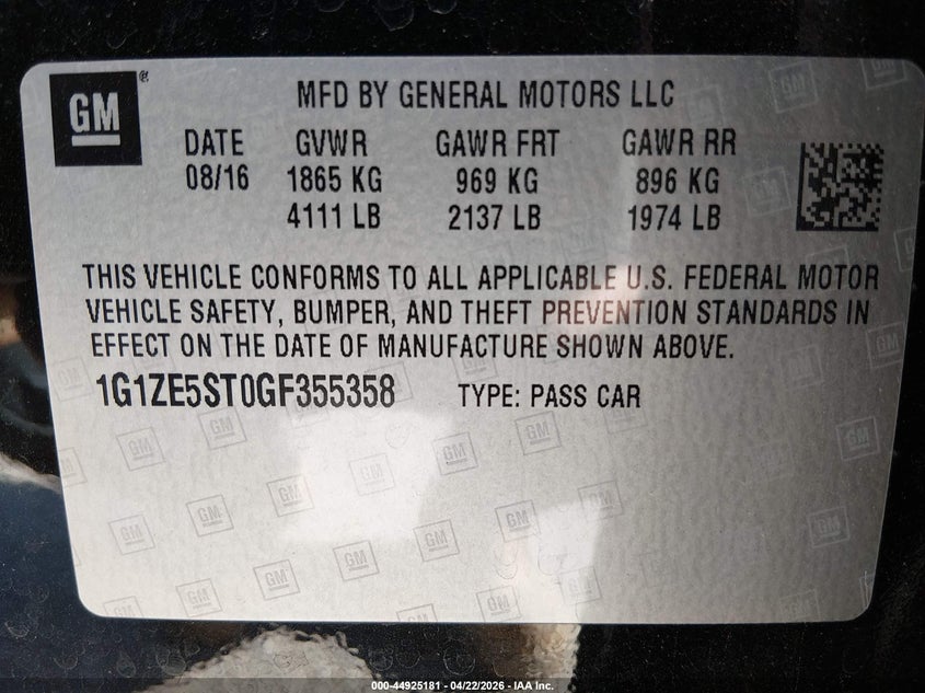 2016 Chevrolet Malibu VIN 1G1ZE5ST0GF355358 IAAI salvage auction — LEFT FRONT, Salvage (Illinois), sold $1,700 on 2026-07-17 (photo 9)