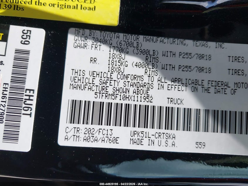 2017 Toyota Tundra VIN 5TFRM5F10HX111952 IAAI salvage auction — REAR END, Original (Texas), sold $7,600 on 2026-07-15 (photo 9)