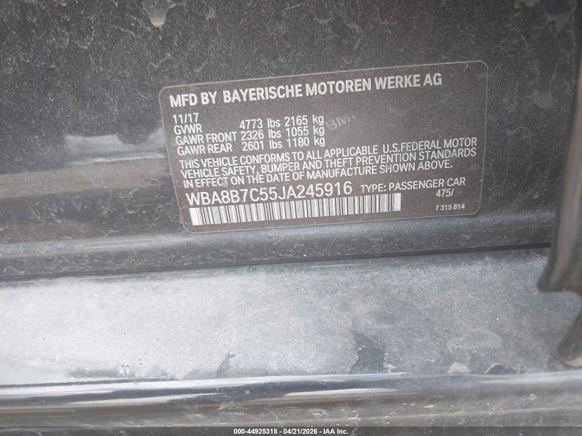 2018 BMW 3er VIN WBA8B7C55JA245916 IAAI salvage auction — FRONT END, Salvage Title, sold $5,600 on 2026-07-28 (photo 9)