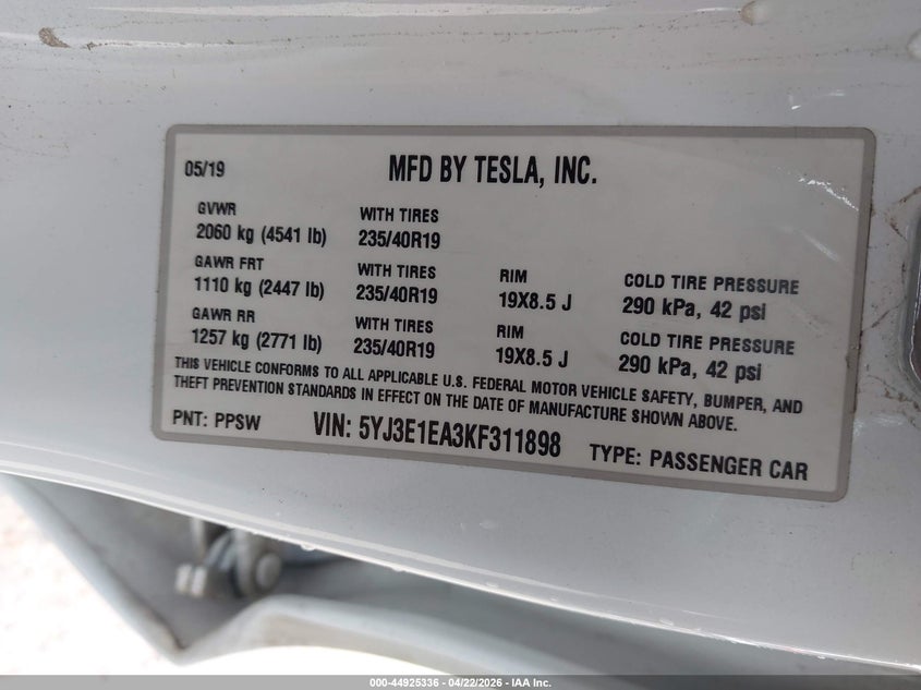 2019 Tesla Model 3 VIN 5YJ3E1EA3KF311898 IAAI salvage auction — REAR END, Salvage Title, sold $5,200 on 2026-07-23 (photo 9)