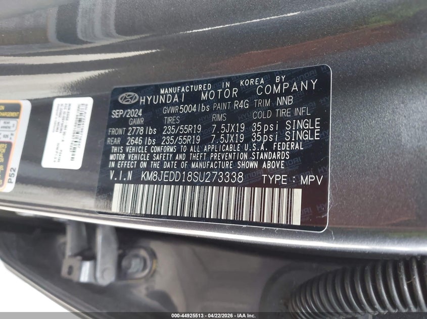 2025 Hyundai Tucson VIN KM8JEDD18SU273338 IAAI salvage auction — FRONT & REAR, Salvage (Illinois), sold $12,200 on 2026-07-10 (photo 9)
