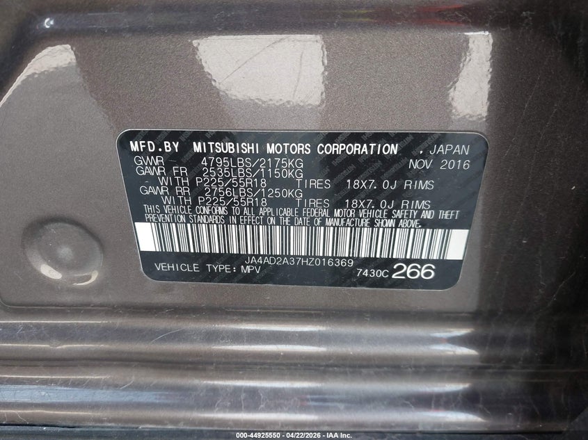 2017 Mitsubishi Outlander VIN JA4AD2A37HZ016369 IAAI salvage auction — HAIL, Salvage Title, sold $625 on 2026-07-13 (photo 9)