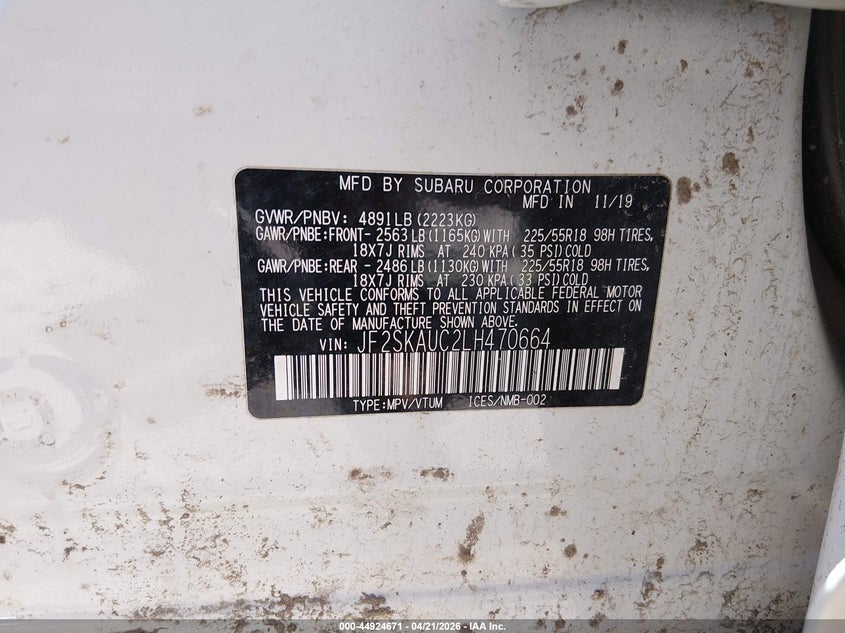 2020 Subaru Forester VIN JF2SKAUC2LH470664 IAAI salvage auction — LEFT FRONT, Salvage (Maine), sold $1,875 on 2026-07-20 (photo 9)