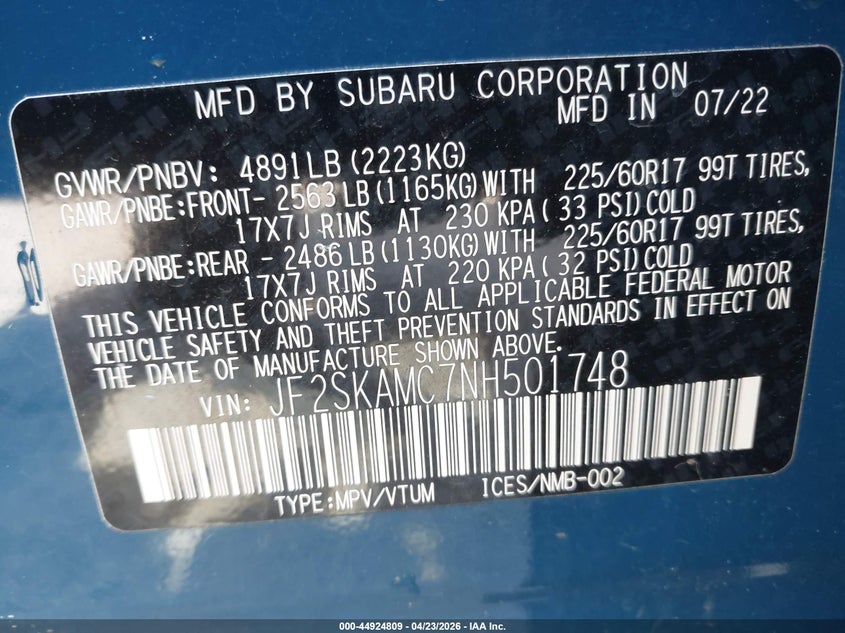 2022 Subaru Forester VIN JF2SKAMC7NH501748 IAAI salvage auction — FRONT END, Salvage (Rhode Island), sold $5,600 on 2026-07-28 (photo 9)