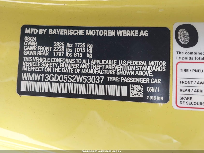 2025 Mini Hard top VIN WMW13GD05S2W53037 IAAI salvage auction — RIGHT FRONT, Salvage Title, sold $2,300 on 2026-07-08 (photo 9)