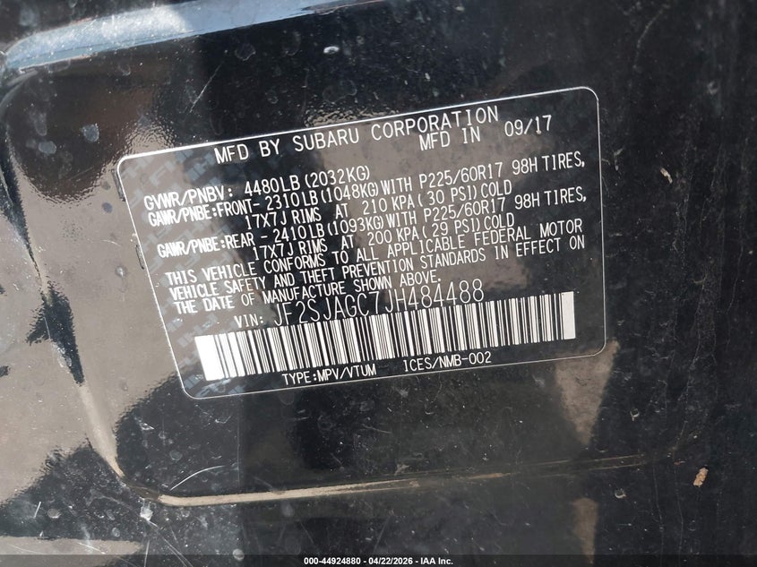 2018 Subaru Forester VIN JF2SJAGC7JH484488 IAAI salvage auction — FRONT END, Salvage (Minnesota), sold $325 on 2026-07-06 (photo 9)