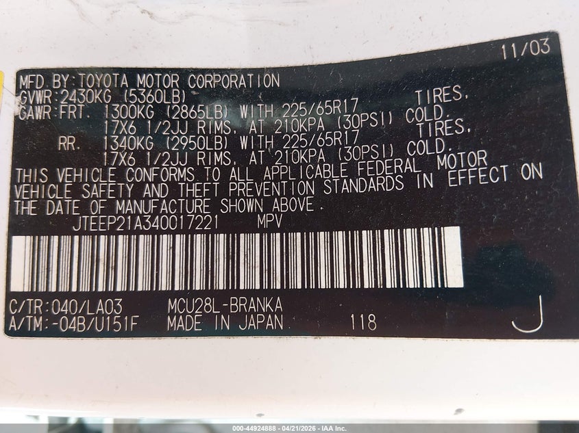 2004 Toyota Highlander VIN JTEEP21A340017221 IAAI salvage auction — FRONT END, Salvage (West Virginia), sold $200 on 2026-07-08 (photo 9)