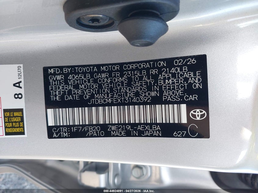 2026 Toyota Corolla VIN JTDBCMFEXT3140392 IAAI salvage auction — LEFT SIDE, Salvage Title, sold $12,975 on 2026-07-14 (photo 9)